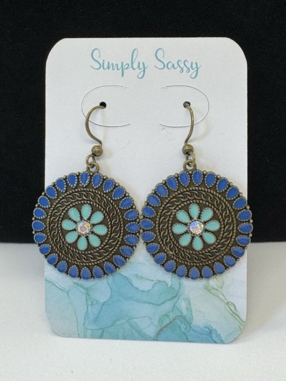 Simply Sassy Blue Round Bronze Dangle Drop Earrings French Wire Handmade Boho
